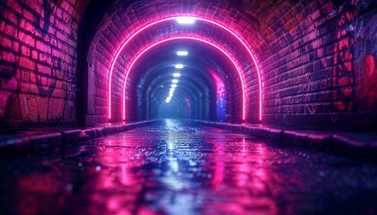 Tunnel with graffiti and neon light