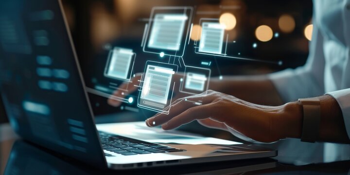 IT Consultant Configuring Document Management System on Laptop in Modern Office Environment