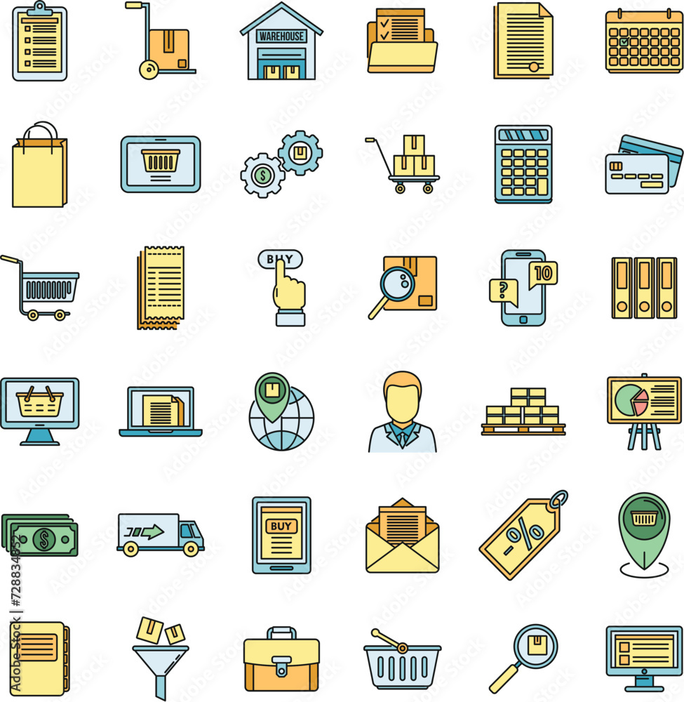 Poster purchasing manager sell icons set. outline set of purchasing manager sell vector icons thin line col