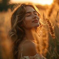 Serene Woman Embracing the Golden Hour in a Tranquil Field
