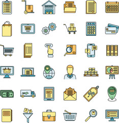 Purchasing manager sell icons set. Outline set of purchasing manager sell vector icons thin line color flat on white