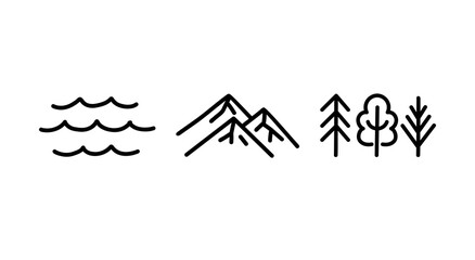 Hand drawn temperate latitudes nature icons. Vector black line illustrations isolated on white background.