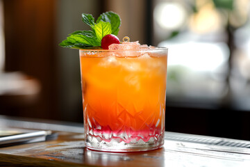 Fresh coctail drink on black background. alcoholic cocktail stands on a bar counter. Cocktail close up in a bar setting. Selective focus on the drink and glass.