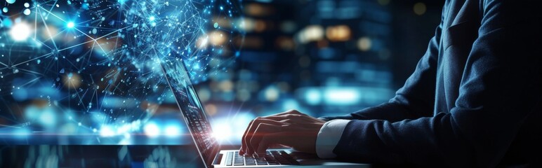 Businessman at Workstation with Cybersecurity Concept and Global Connection Interface