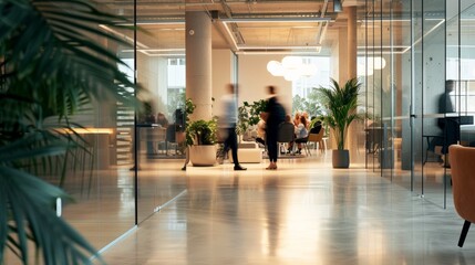 Dynamic Office Environment with Blurred Motion of Walking People in a Bright Modern Workspace