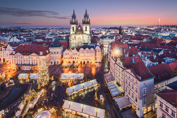 Top view of Prague Old Town Square and Church of Mother of God before Tyn in Prague, Czech...