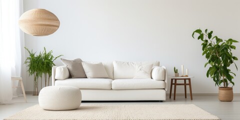 Stylish rug, white sofa, and pouf in living room.