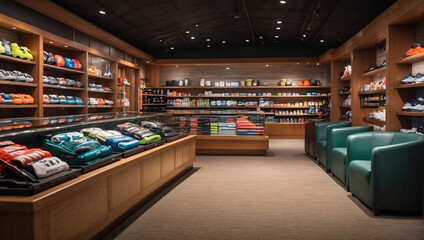 Sporting goods store with wooden display cases and shelves, showcasing diverse products. Leather chairs create a cozy ambiance. Explore a vast array of athletic gear and equipment in a stylish setting - obrazy, fototapety, plakaty