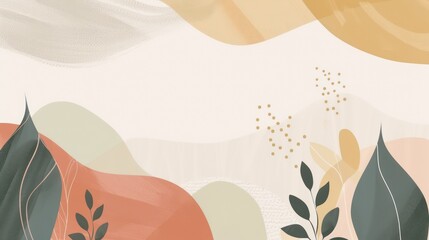 A beautiful boho illustration background adorned with floral and nature decorations in soft pastel colors. 2d vector illustration style.