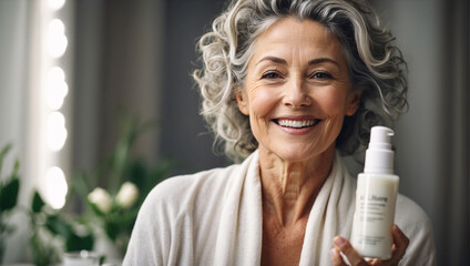 Adult smiling woman holds jar of cream in hands, demonstrating daily beauty routine. In background is cosmetic table with products, mirror and bouquet. Woman embodies essence of sophistication, charm