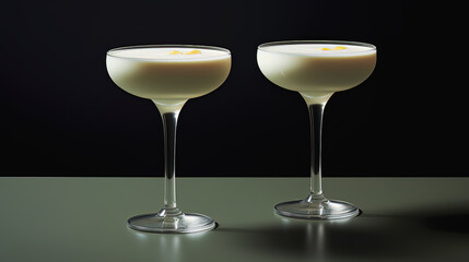 Two glass white cocktail on a dark background. Ai art.