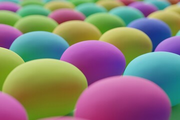 Many colorful eggs on light green background. Closeup view, macro shot, selective focusclose up shot. 3d render, illustration