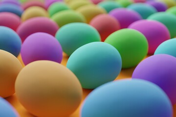 Many colorful eggs on orange background. Closeup view, macro shot, selective focuscloseup shot. 3d render, illustration