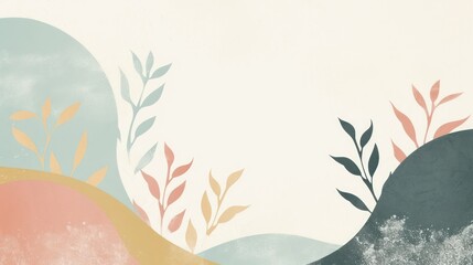 Obraz na płótnie Canvas A beautiful boho illustration background adorned with floral and nature decorations in soft pastel colors. 2d vector illustration style.