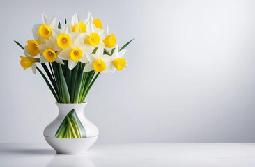 A bouquet of daffodils in a vase is on the table. White background
