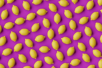 Many lemons on purple background. Top flat view, diagonal grid. 3d render, illustration