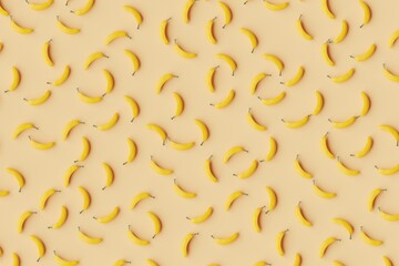 Many bananas on sandy brown background. Top flat view, symmetrical grid. 3d render, illustration