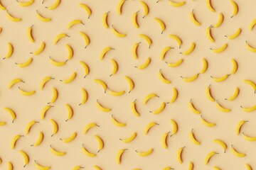 Many bananas on sandy brown background. Top flat view, symmetrical grid. 3d render, illustration