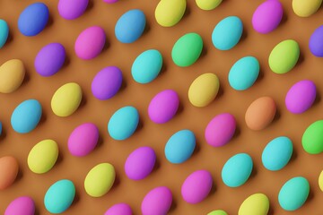 Many colorful eggs on saddle brown background. Top flat view, diagonal grid. 3d render, illustration
