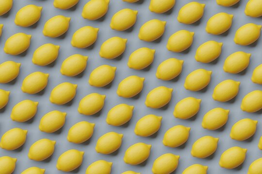 Many lemons on slate gray background. Top flat view, disorder. 3d render, illustration