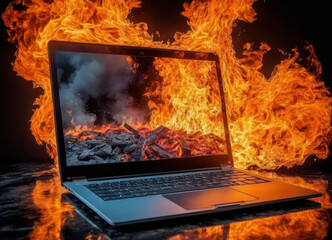 Laptop on Fire with Intense Flames