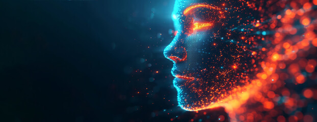 A digital, particle-based representation of AI face, illuminated in radiant hues of blue and red against a dark background with copyspace, ideal for technology and Artificial Intelligence theme