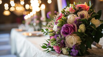 Obraz premium a bouquet of flowers sitting on top of a table next to a candelabra with candles in the background and a chandelabra in the background.