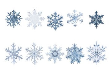 Collection of Unique Snowflake Crystals on White Background in Macro Detail