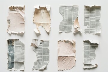 Vintage Scrap Collage of Torn Newspaper Pieces on White Background