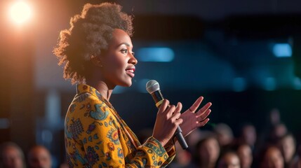 Confident Afro-American Businesswoman Delivering Keynote Speech at Diverse Corporate Conference