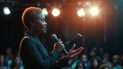Confident Afro-American Businesswoman Delivering Keynote Speech at Diverse Corporate Conference - obrazy, fototapety, plakaty