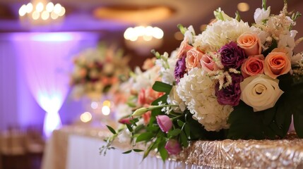 Obraz premium a bouquet of flowers sitting on top of a table in front of a purple and white lite up room with a chandelier on the side of the room.