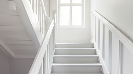  a set of stairs leading up to a window in a room with white walls and white trim on the walls and bottom of the stairs, and bottom of the stairs.