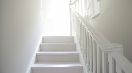  a set of white stairs leading up to a window with a light coming through the window on the far side of the stair case, and a white railing on the far side of the.