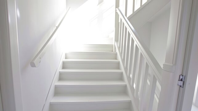  a set of white stairs leading up to a light coming in from the far end of the room on the far end of the stairs is a white painted wall.