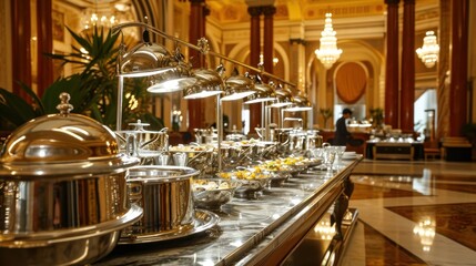  a row of silver pots and pans sitting on a counter in a room with chandeliers and chandeliers hanging from the ceiling and a chandelier hanging from the ceiling. - obrazy, fototapety, plakaty