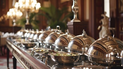  a row of silver serving dishes sitting on top of a table next to a chandelier in a room filled with wooden paneled walls and chandeliers.