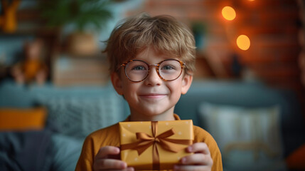 child happy, and charming boy with glasses and a yellow outfit receiving a gift on Children's Day, a childhood present