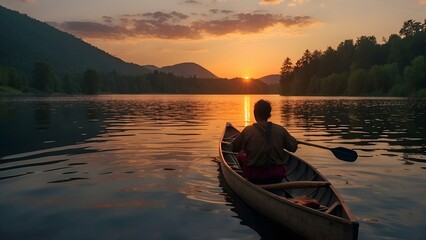 Man in a canoe on a lake during sunset - Powered by Adobe