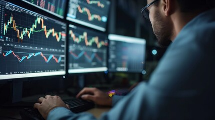 Fototapeta premium Close-up of a Financial Analyst Using Computer with Multiple Screens Showing Stock Trading Data and Financial Charts