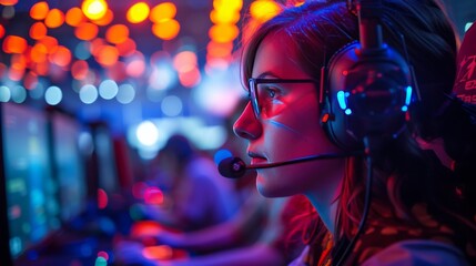 Competitive Gamers at a Vibrant E-Sports Gaming Expo Featuring High-Tech Computer Stations and Intense Multiplayer Action