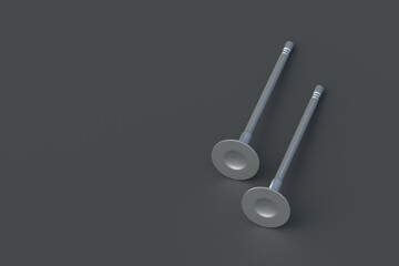 Two engine valves. Automotive parts. Spare detail. Car or motorcycle maintenance. Motor repair. Copy space. 3d render