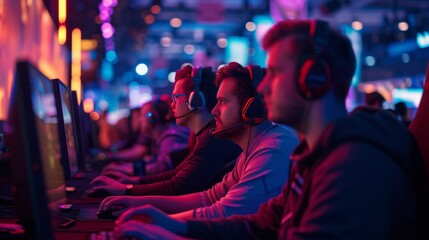 Fototapeta premium Competitive Gamers at a Vibrant E-Sports Gaming Expo Featuring High-Tech Computer Stations and Intense Multiplayer Action