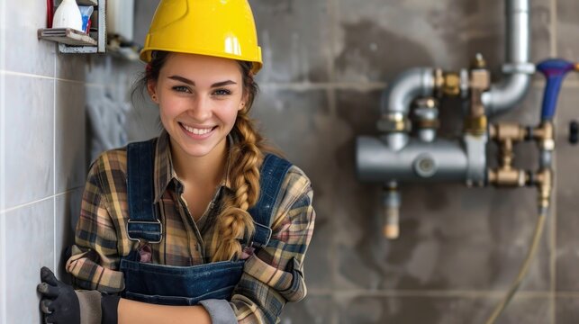 Portrait of young female plumber smiling at camera while standing in bathroom