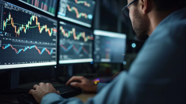 Close-up of a Financial Analyst Using Computer with Multiple Screens Showing Stock Trading Data and Financial Charts © bomoge.pl