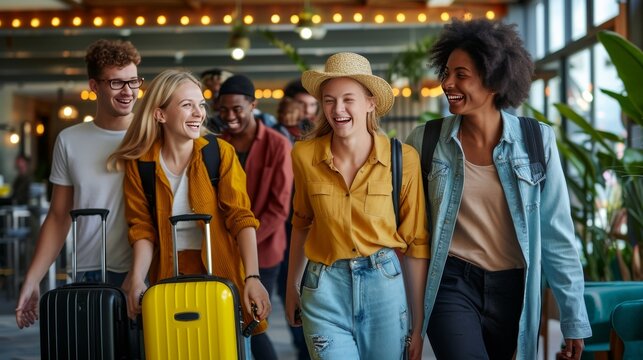 Energetic Group of Young Friends with Luggage Arriving at a Youth Hostel Lobby - Joyful Summer Vacation Moments - Millennials Check-In at Hotel Reception Area