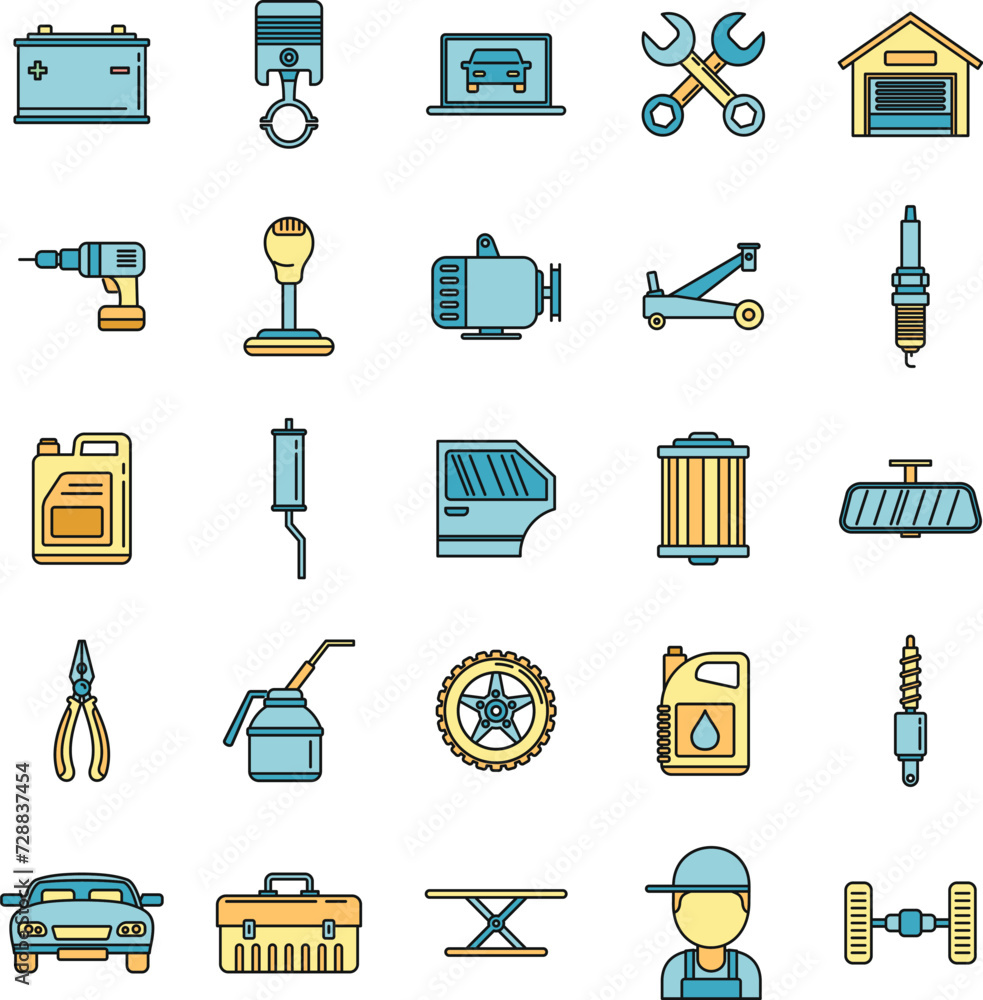 Poster auto mechanic labor icons set. outline set of auto mechanic labor vector icons thin line color flat 