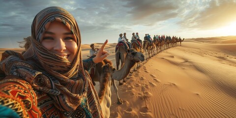 Joyful Man Taking Selfie While Riding Camel with Tour Group in Desert Landscape