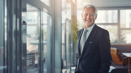 Fototapeta premium Confident Mature Businessman with a Warm Smile Standing in a Modern Office Environment