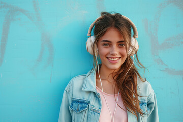 panoramic shot of happy girl listening music in headphones. Hipster teen pretty fashion girl model wear headphones enjoy listen new cool music mix stand